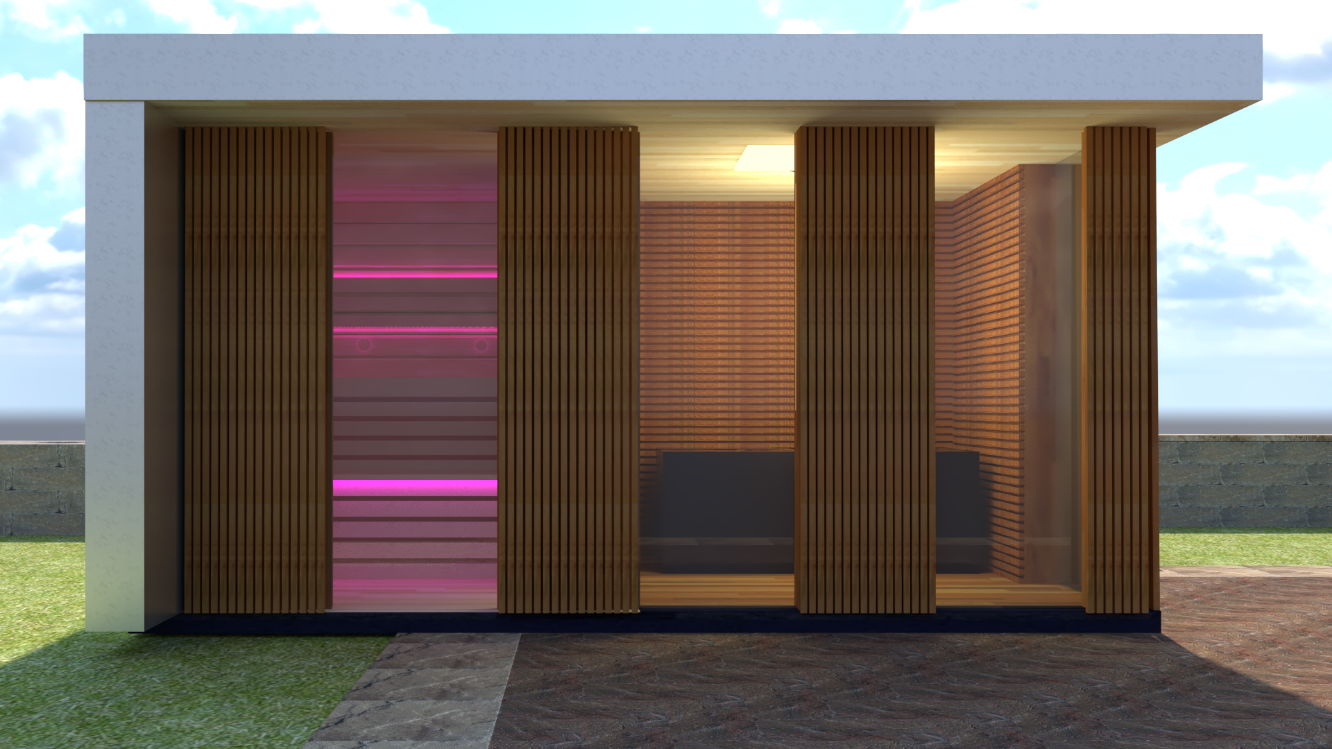 Sauna ogrodowa z oświetleniem i elewacją termo